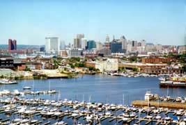 [photo, City skyline with marinas on Patapsco River (from Canton), Baltimore, Maryland]
